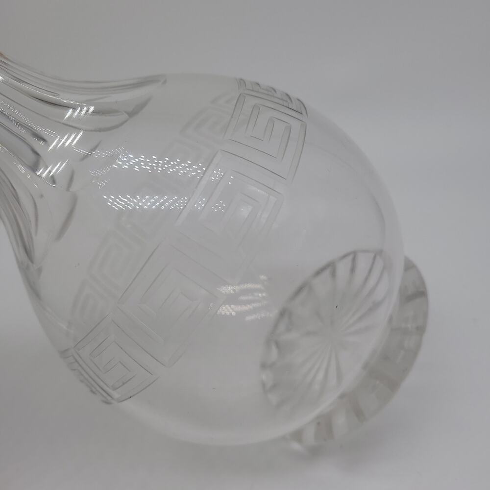 VTG Greek Key Etched Glass Decanter With Teardrop Stopper Starburst Base 9.5"